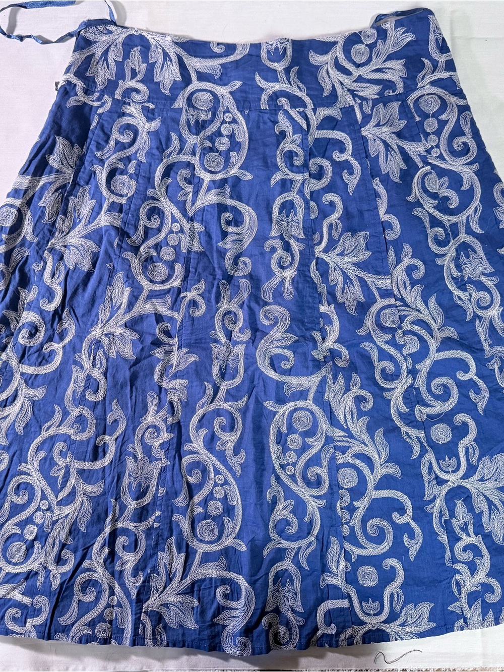 Harold's Blue A-Line Skirt with White Embroidered Swirls